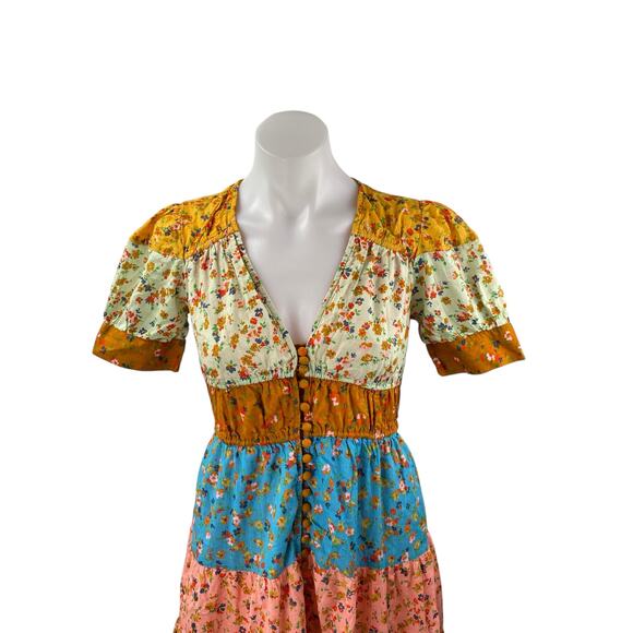 Anthropologie Tiered & True Multicolor Floral Colorblock V Neck Maxi Dress XXS - Picture 3 of 7